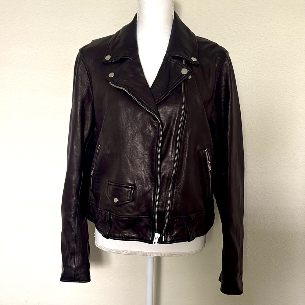Gap Full Leather Black Motorcycle Cropped Jacket, Large, EUC